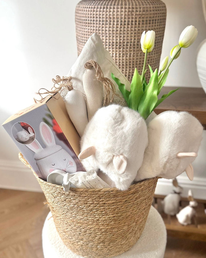 Spring Bunny Rabbit Gift Basket by Lulu Loves Home featuring a charming bunny design with seasonal treats and decorations.
