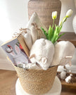 Spring Bunny Rabbit Gift Basket by Lulu Loves Home featuring a charming bunny design with seasonal treats and decorations.