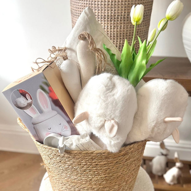Spring Bunny Rabbit Gift Basket by Lulu Loves Home featuring a charming bunny design with seasonal treats and decorations.