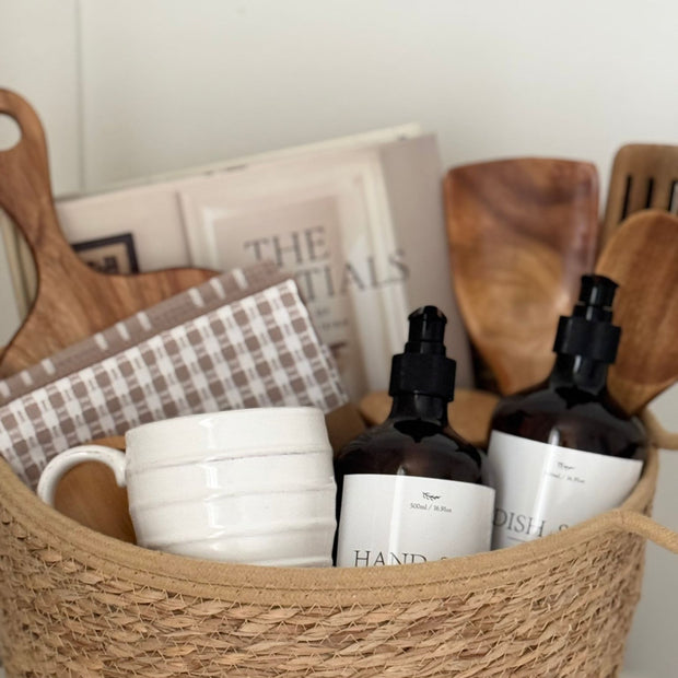Spring new home gift basket by Lulu Loves Home featuring fresh, decorative items ideal for celebrating a new house.