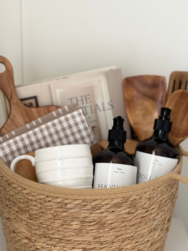 Spring new home gift basket by Lulu Loves Home featuring fresh, decorative items ideal for celebrating a new house.