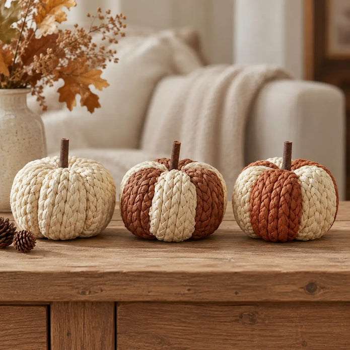Small natural raffia patterned pumpkin for autumn decor by Heaven Sends, featuring earthy tones and textured raffia design.