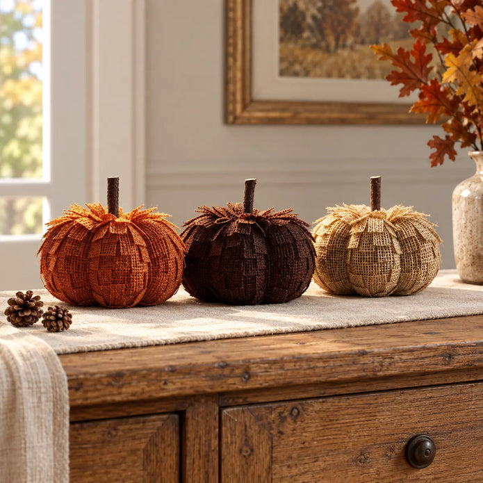 Orange, brown and beige frilled raffia pumpkin variants styled together