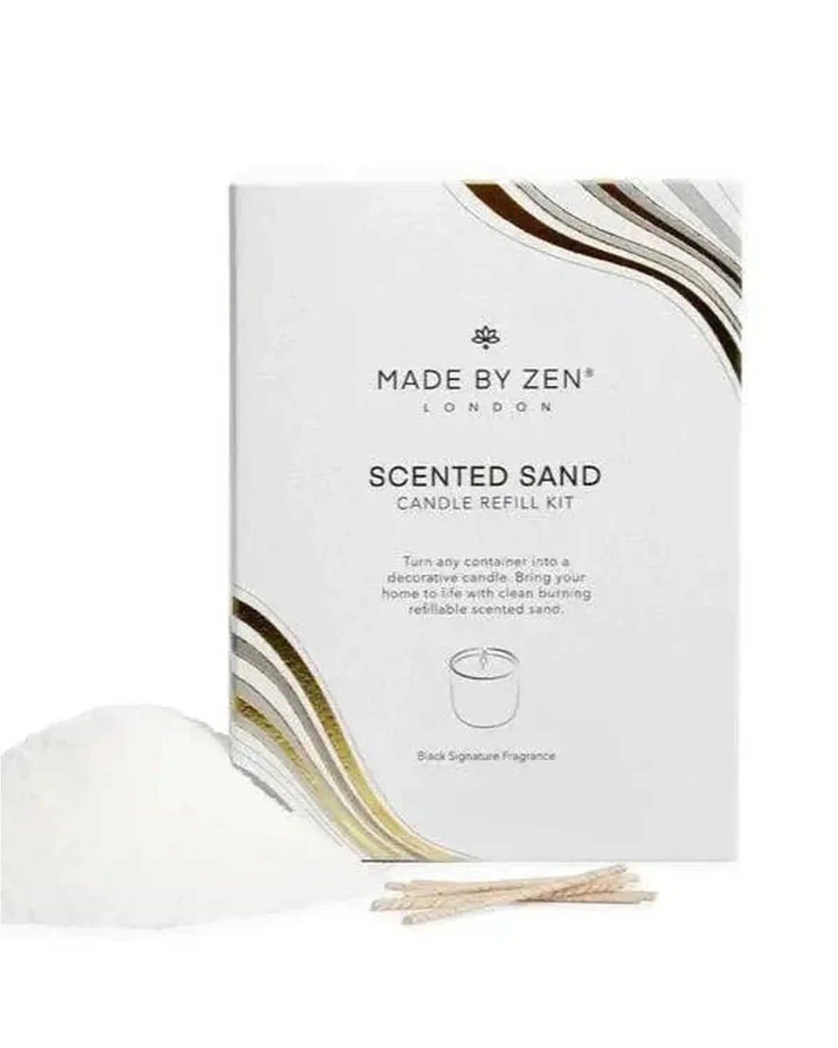 Made By Zen scented candle sand and wick box set for DIY home fragrance, featuring candles with natural sand and wick details.