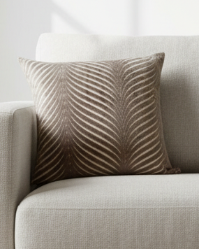 Chocolate brown cut velvet fan cushion cover by Malini, 45cm x 45cm, soft furnishings with a stylish fan design.