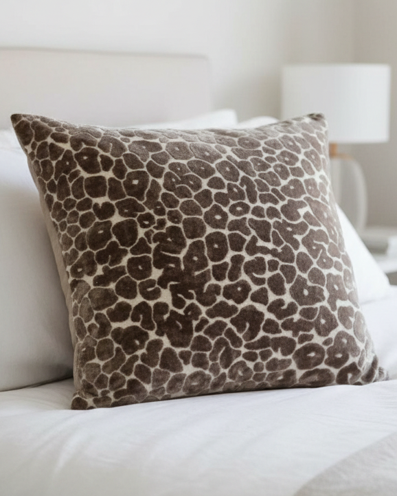 Neutral brown leopard print velvet cushion cover by Malini, 45cm x 45cm, soft furnishings with a stylish, textured design.