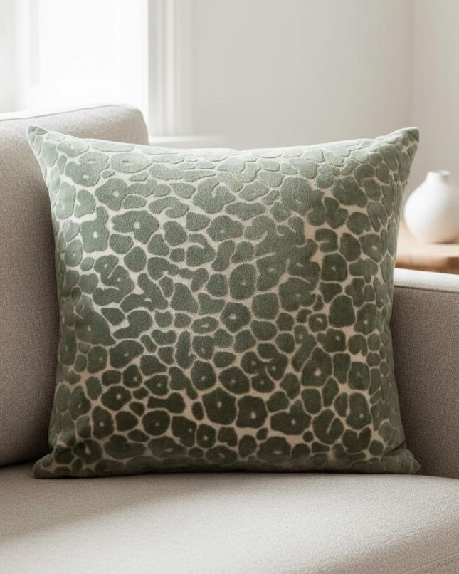 Olive green leopard velvet cushion cover by Malini, soft furnishings, 45cm x 45cm with plush velvet texture and stylish pattern.