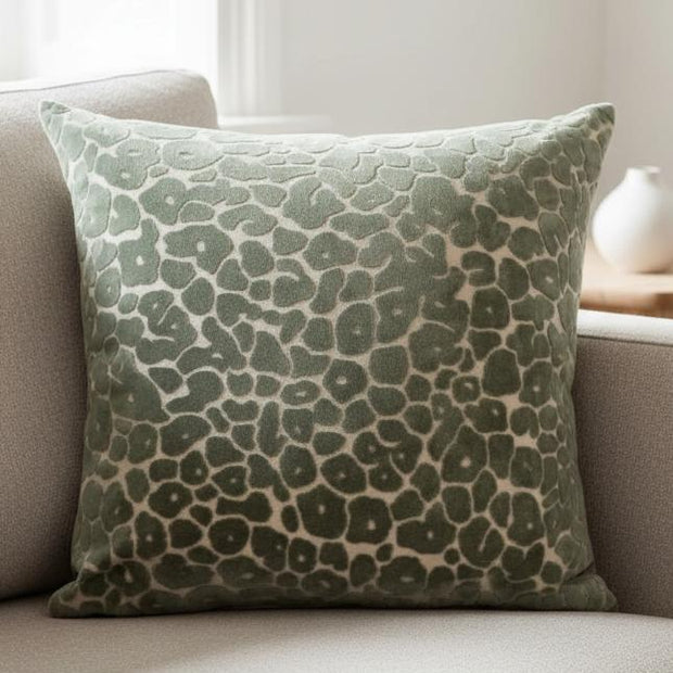 Olive green leopard velvet cushion cover by Malini, soft furnishings, 45cm x 45cm with plush velvet texture and stylish pattern.