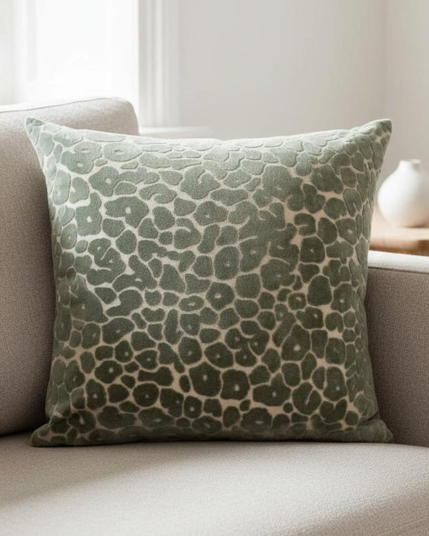 Olive green leopard velvet cushion cover by Malini, soft furnishings, 45cm x 45cm with plush velvet texture and stylish pattern.