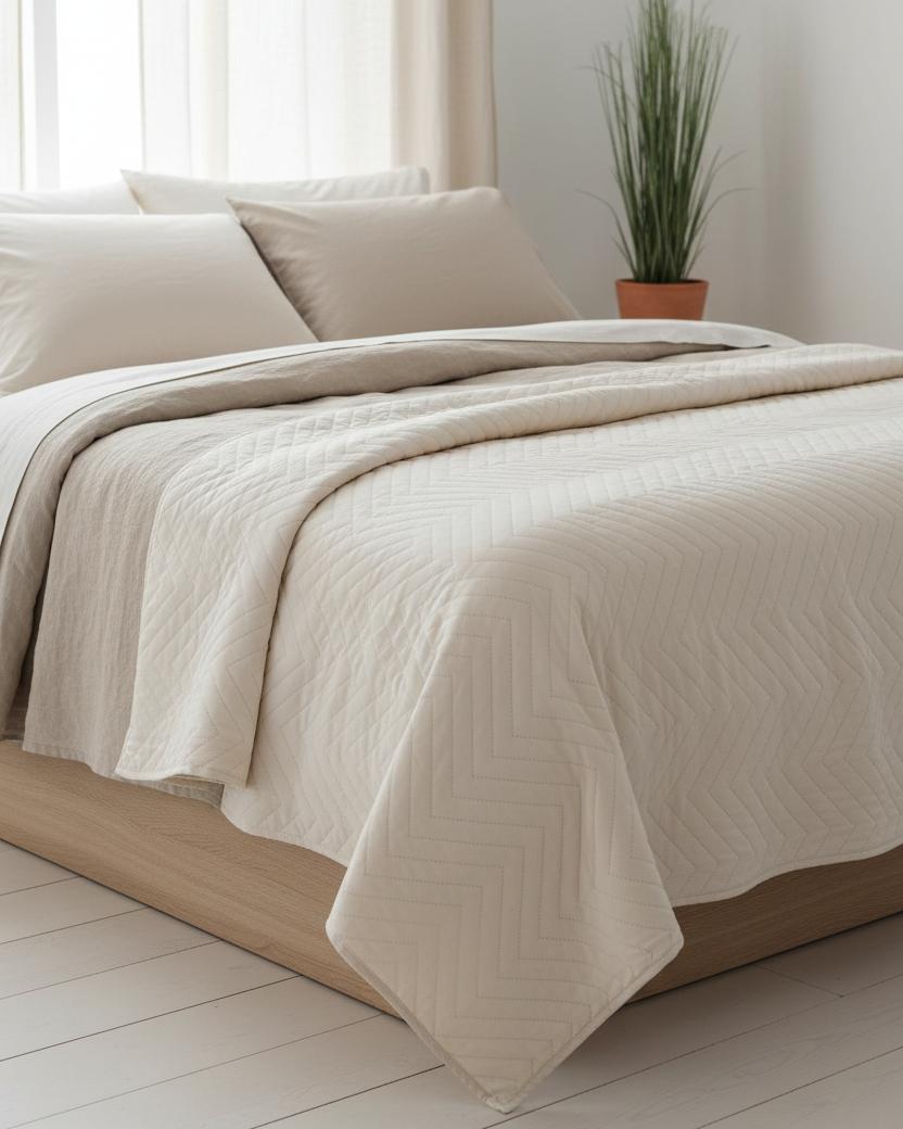 Malini Amelle Ivory Cream queen size quilted bedspread with soft, textured fabric and elegant stitching for a cozy bedroom look.