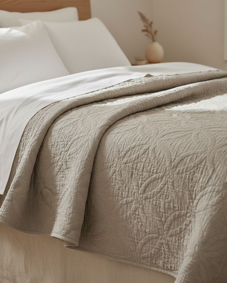 Malini Amity beige king size quilted bedspread with soft, textured fabric for a cozy, elegant bedroom look.