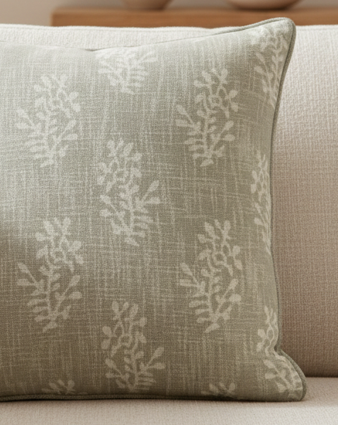 Beige block flower cushion cover by Malini, soft furnishings with floral pattern, square design, made of soft fabric.