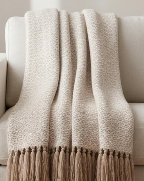 Beige natural diamond weave cotton throw by Malini, soft furnishings with a textured diamond pattern for cozy home decor.