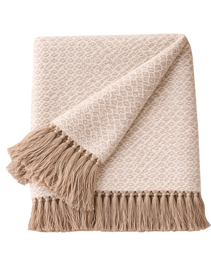 Beige natural diamond weave cotton throw by Malini, soft furnishings with textured diamond pattern for cozy decor.