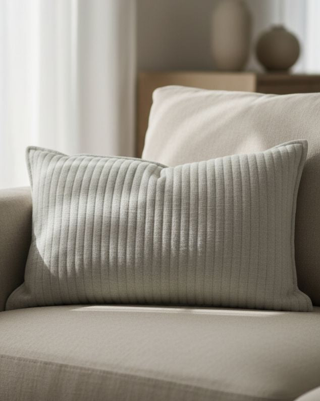 Beige quilted square linen cushion with soft stripe pattern and inner filling, by Malini soft furnishings.
