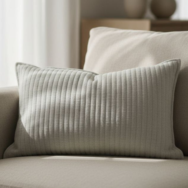 Beige quilted square linen cushion with soft stripe pattern and inner filling, by Malini soft furnishings.