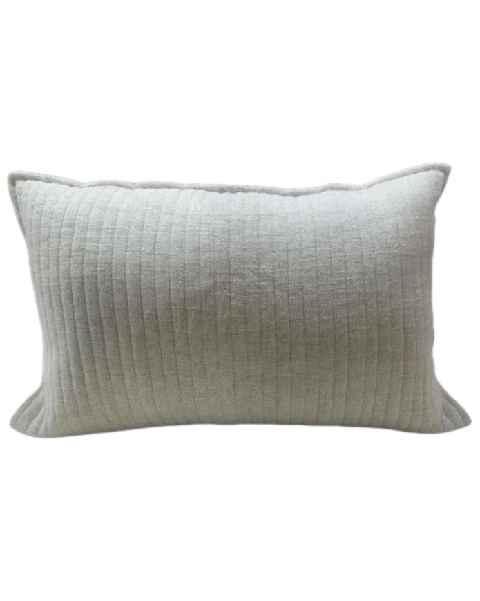 Beige quilted square linen cushion with soft stripe pattern and inner filling, designed by Malini for stylish soft furnishings.