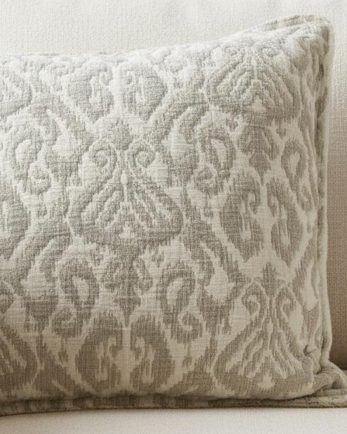 Beige soft jacquard square linen cushion cover by Malini, featuring elegant textured fabric for cozy home décor.