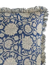 Blue floral trellis square linen cushion cover by Malini, showcasing soft furnishings with intricate floral and trellis pattern.