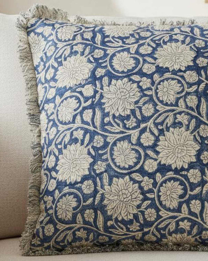 Blue floral trellis square linen cushion cover by Malini, soft furnishings with vibrant floral pattern and textured fabric.