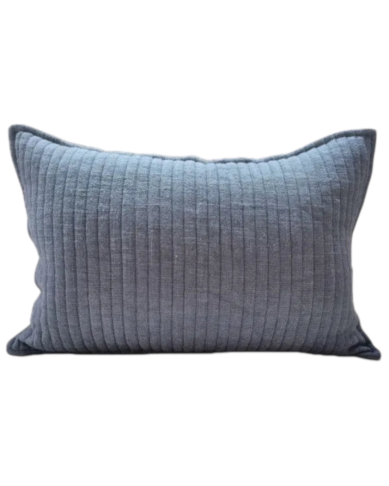 Blue quilted soft stripe square linen cushion with inner from Malini, featuring a comfortable, stylish design for soft furnishings.