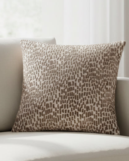 Chocolate brown Malini velvet cushion cover with cut velvet dash pattern, soft and stylish for home decor.