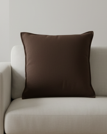 Chocolate brown flanged printed cushion cover by Malini, soft furnishings with decorative flanged edges and printed design.