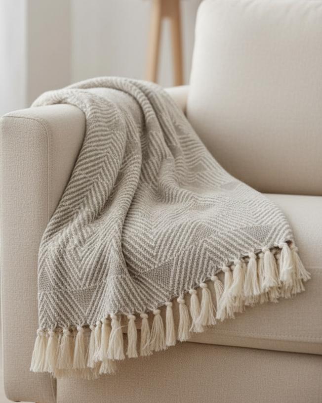 Malini Haven Triangle Beige natural blanket throw, soft furnishings with geometric pattern, cozy and stylish for home decor.
