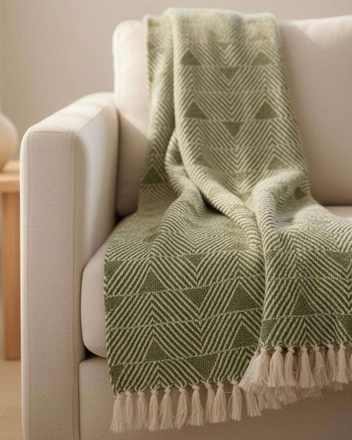 Malini Haven Triangle Green Blanket Throw made of soft furnishings fabric, featuring a geometric green triangle pattern.