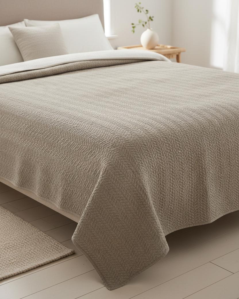 Malini Henderson taupe king size quilted bedspread with soft, textured quilting for a luxurious bedroom look.