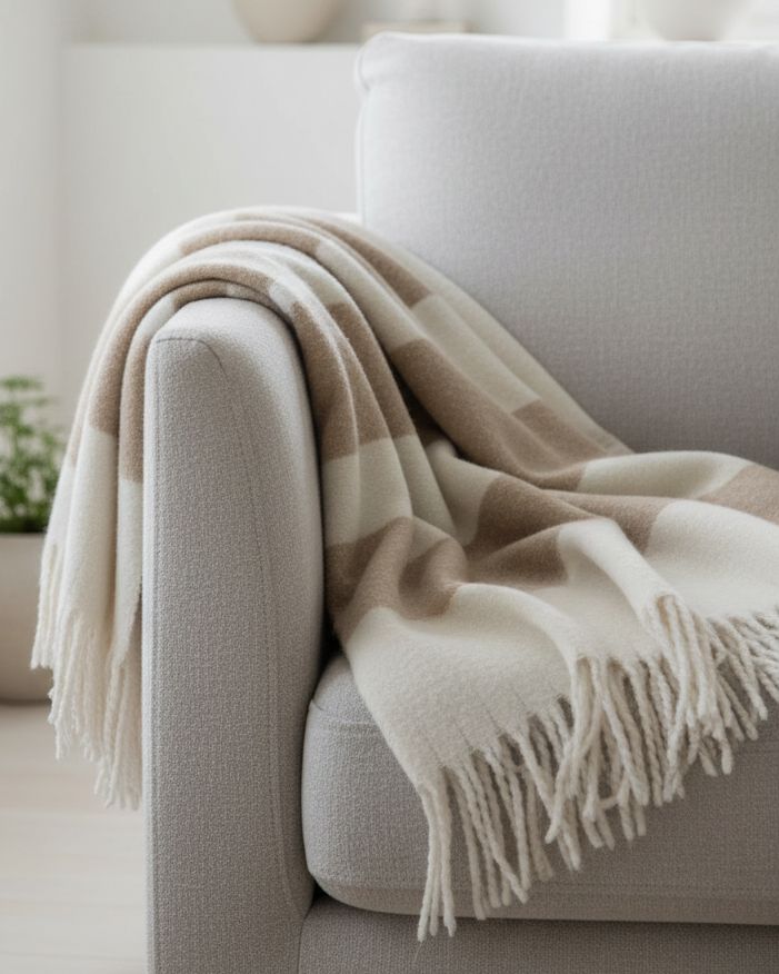 Malini Kalix taupe blanket throw made of soft furnishings, featuring a cozy, textured taupe fabric for comfortable home decor.