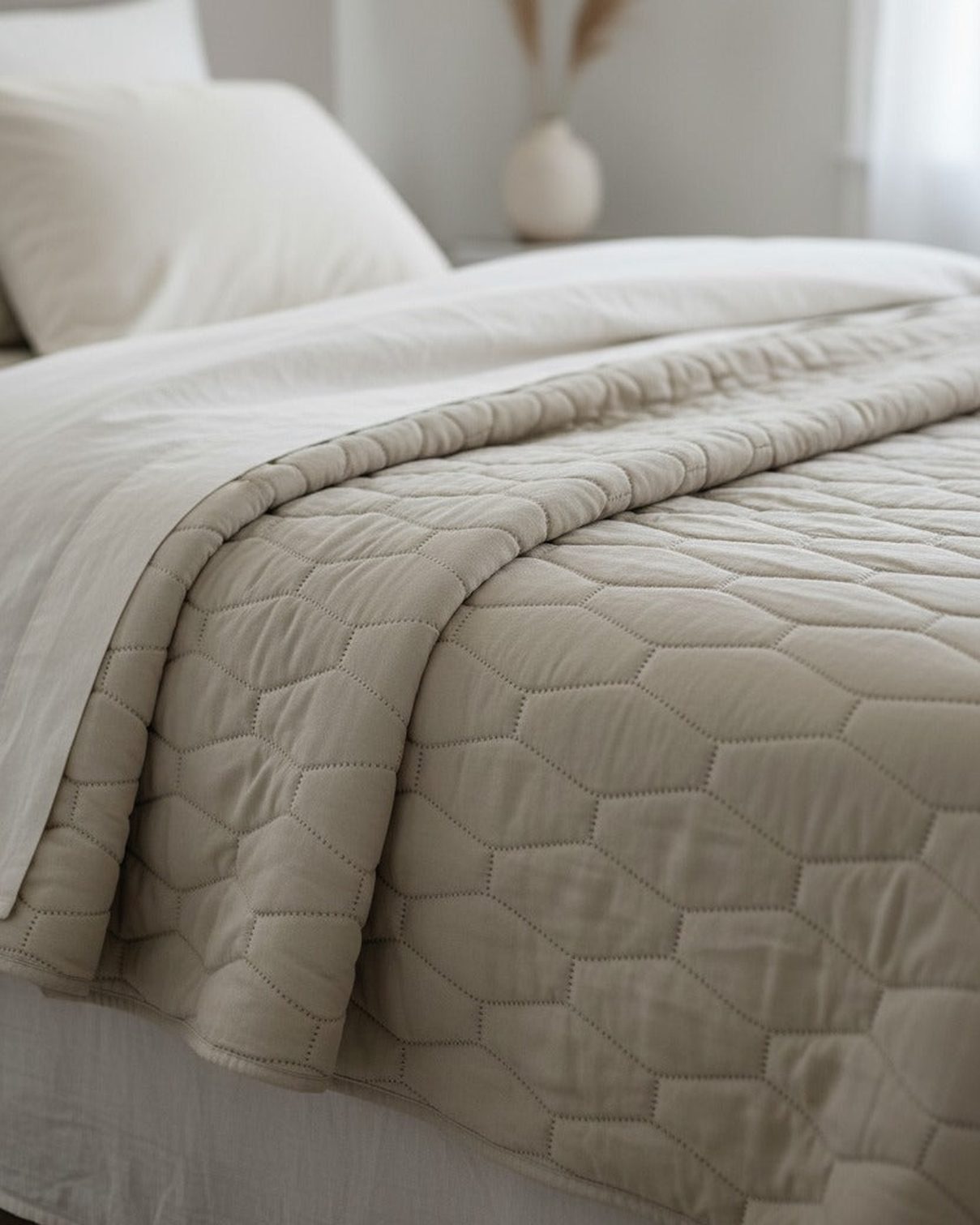 Malini neutral melange linen look queen-sized bedding quilt bedspread, soft furnishings with a textured, cozy appearance.