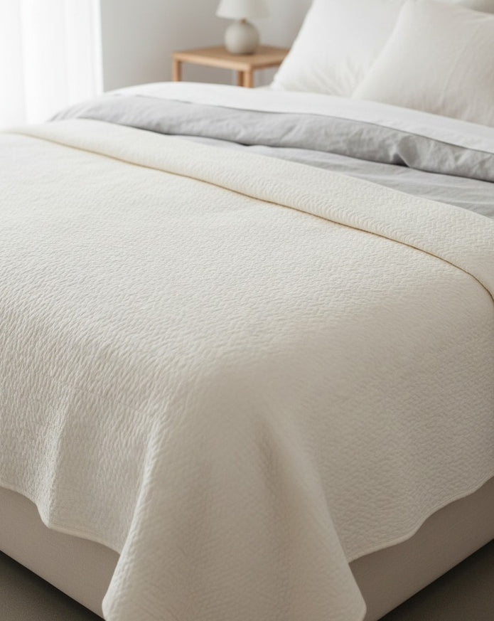 Neutral Stone Washed White Queen Sized Quilt Bedspread