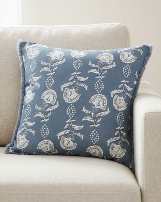 Ocean blue floral block print cushion cover by Malini, soft furnishings with vibrant floral design and textured fabric.