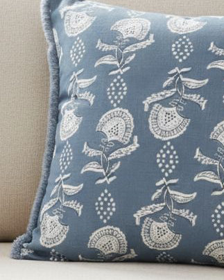 Ocean blue floral block print cushion cover by Malini, soft furnishings with vibrant floral design and textured fabric.