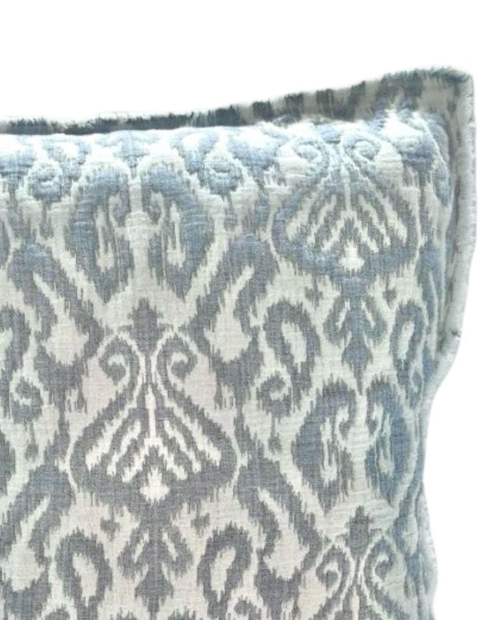 Ocean blue soft jacquard square cushion cover by Malini, featuring intricate woven pattern and plush fabric.