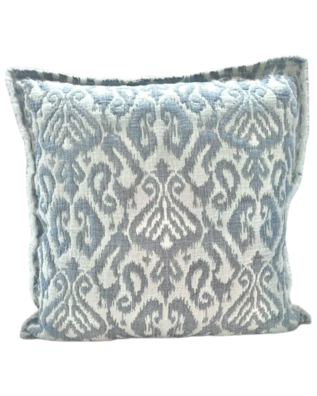 Ocean blue soft jacquard square cushion cover by Malini, featuring intricate woven pattern and smooth fabric texture.
