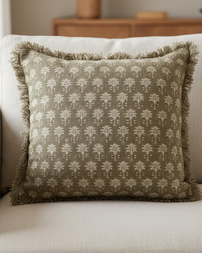 Olive green block print square linen cushion cover by Malini, soft furnishings with a traditional design and textured fabric.