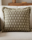 Olive green block print square linen cushion cover by Malini, soft furnishings with a traditional design and textured fabric.