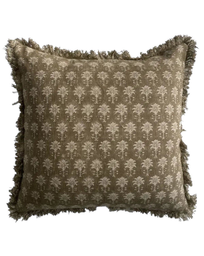 Olive green block print square linen cushion cover by Malini, soft furnishings with traditional design and soft fabric.