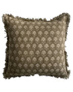 Olive green block print square linen cushion cover by Malini, soft furnishings with traditional design and soft fabric.
