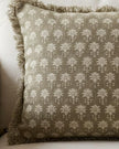 Olive green block print square linen cushion cover by Malini, soft furnishings with traditional design and textured fabric.