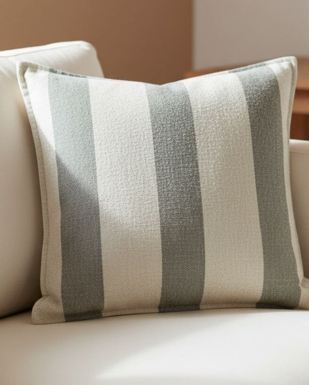 Olive green linen stripe cushion cover by Malini, soft furnishings with a textured fabric and stylish striped pattern.