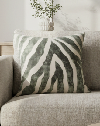 Olive green velvet cushion cover with zebra print from Malini, soft furnishings accessory for stylish home decor.