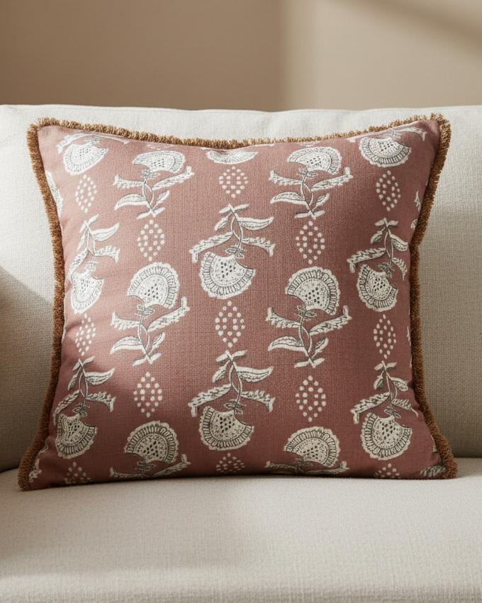 Rose pink floral block print cushion cover by Malini, soft furnishings with vibrant flower pattern for decorative cushions.