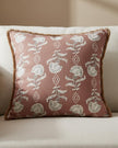 Rose pink floral block print cushion cover by Malini, soft furnishings with vibrant flower pattern for decorative cushions.