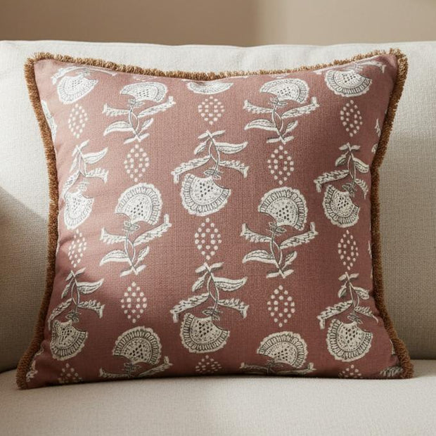 Rose pink floral block print cushion cover by Malini, soft furnishings with vibrant flower pattern for decorative cushions.