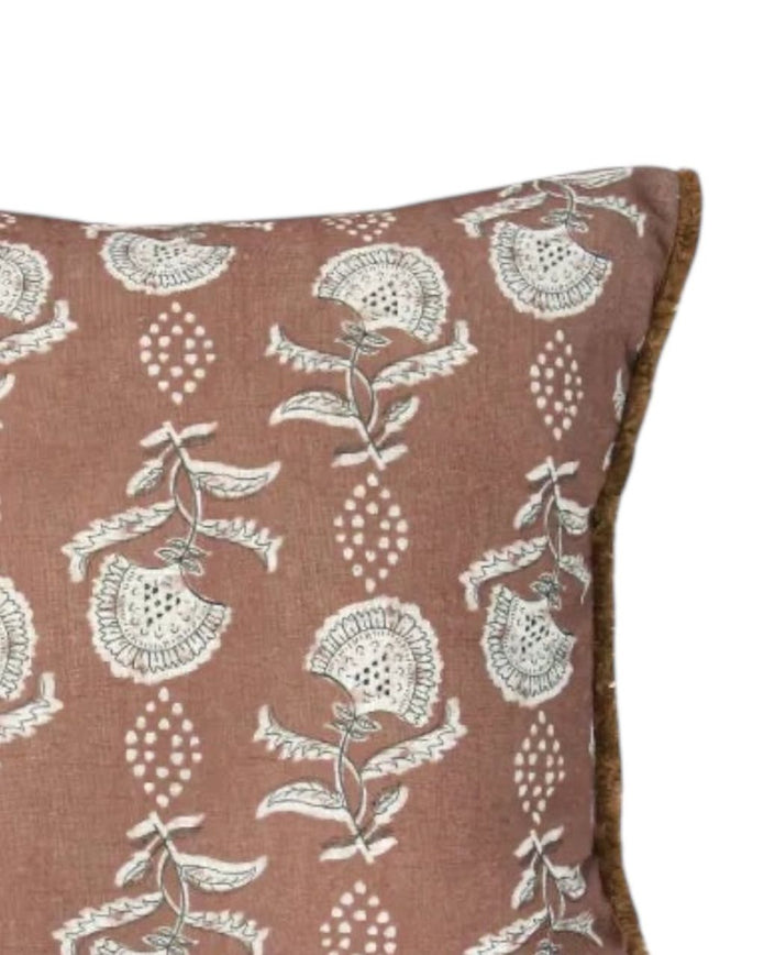 Rose pink floral block print cushion cover by Malini, soft furnishings with vibrant floral design for home decor.