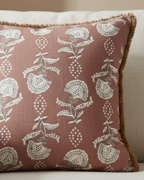 Rose pink floral block print cushion cover by Malini, soft furnishings with vibrant floral design and comfortable fabric.