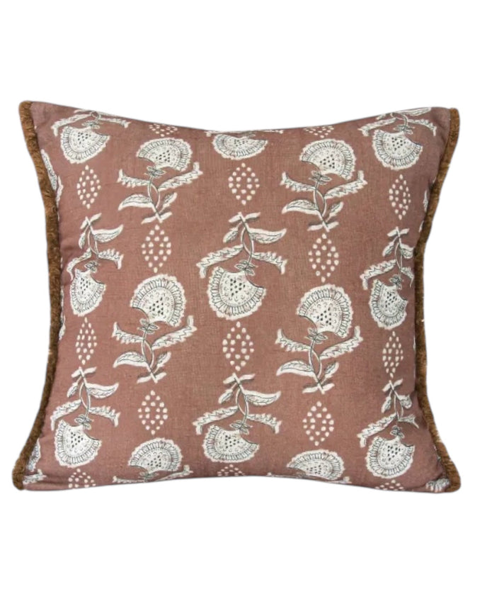 Rose pink floral block print cushion cover by Malini, soft furnishings with vibrant rose pink and floral design.